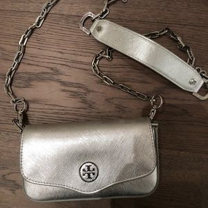 Silver Tory Burch crossbody/clutch